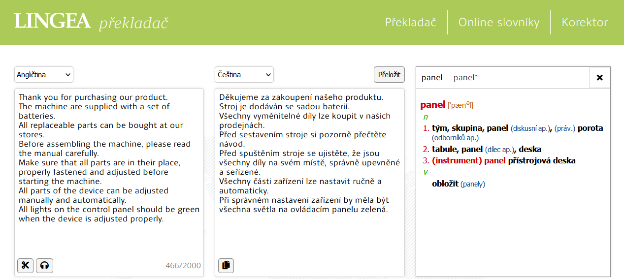 překladač Lingea - ukázka překladu z angličtiny do češtiny